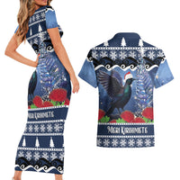 New Zealand Tui Bird Christmas Couples Matching Short Sleeve Bodycon Dress and Hawaiian Shirt Pohutukawa Xmas Tree Meri Kirihimete LT22 - Polynesian Pride