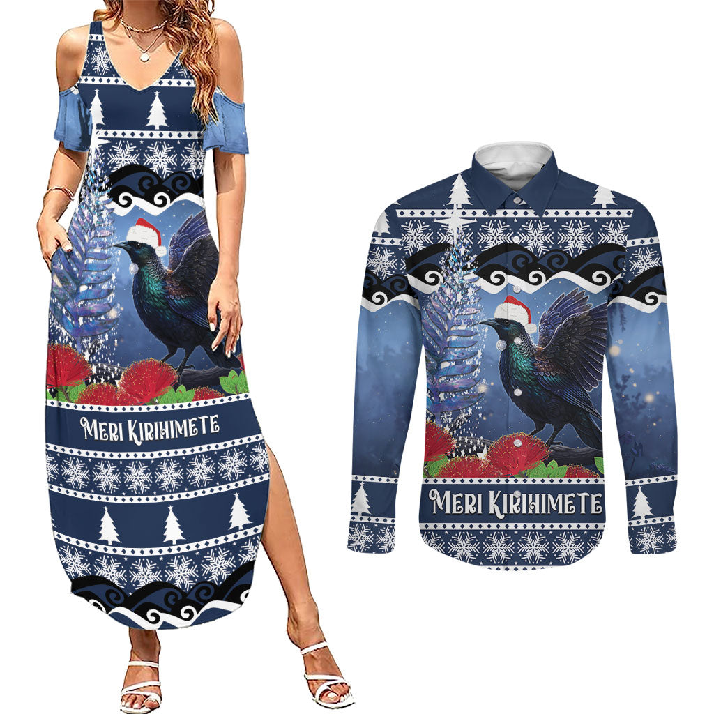 New Zealand Tui Bird Christmas Couples Matching Summer Maxi Dress and Long Sleeve Button Shirt Pohutukawa Xmas Tree Meri Kirihimete LT22 Blue - Polynesian Pride