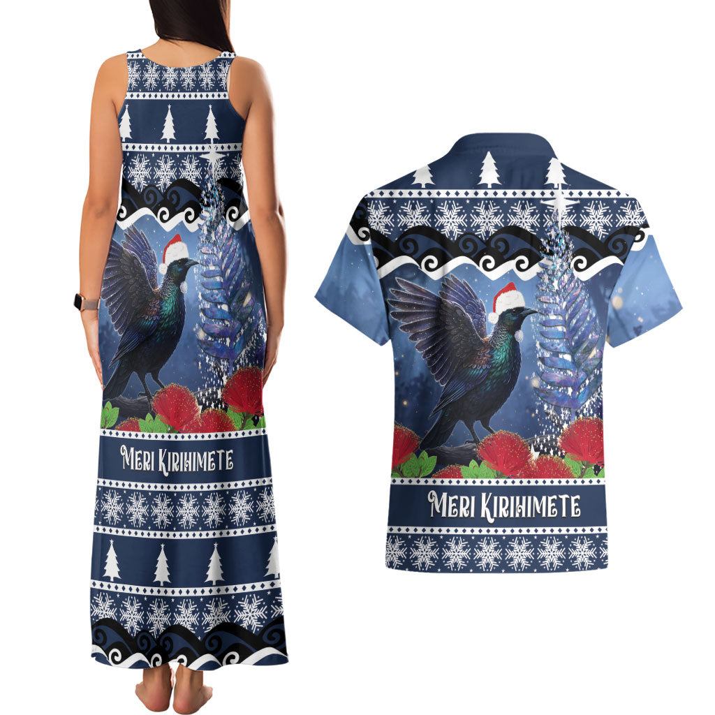 New Zealand Tui Bird Christmas Couples Matching Tank Maxi Dress and Hawaiian Shirt Pohutukawa Xmas Tree Meri Kirihimete LT22 - Polynesian Pride