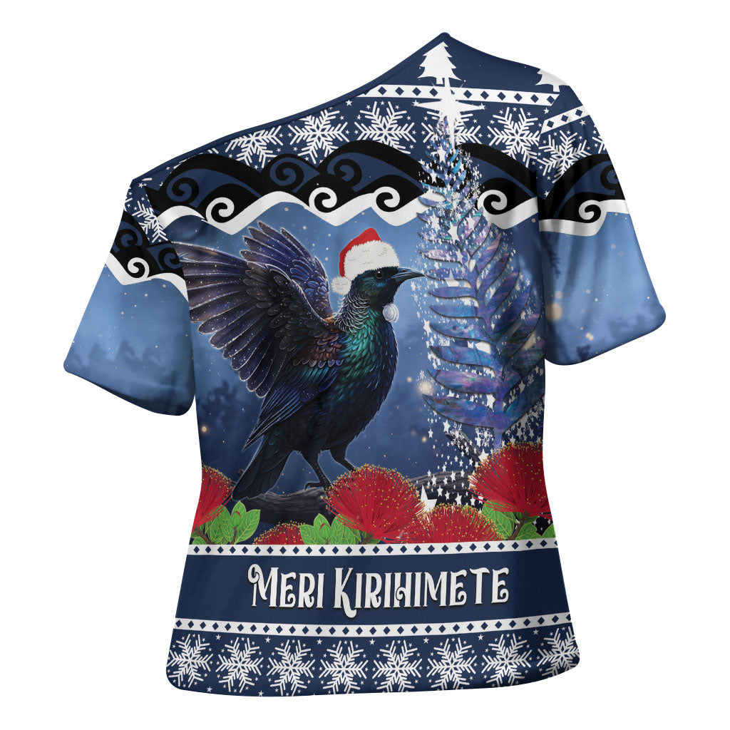 New Zealand Tui Bird Christmas Cross Shoulder Shirt Pohutukawa Xmas Tree Meri Kirihimete LT22 - Polynesian Pride