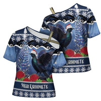 New Zealand Tui Bird Christmas Cross Shoulder Shirt Pohutukawa Xmas Tree Meri Kirihimete LT22 - Polynesian Pride