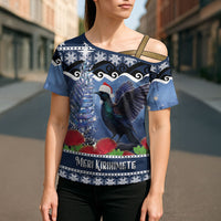 New Zealand Tui Bird Christmas Cross Shoulder Shirt Pohutukawa Xmas Tree Meri Kirihimete LT22 - Polynesian Pride