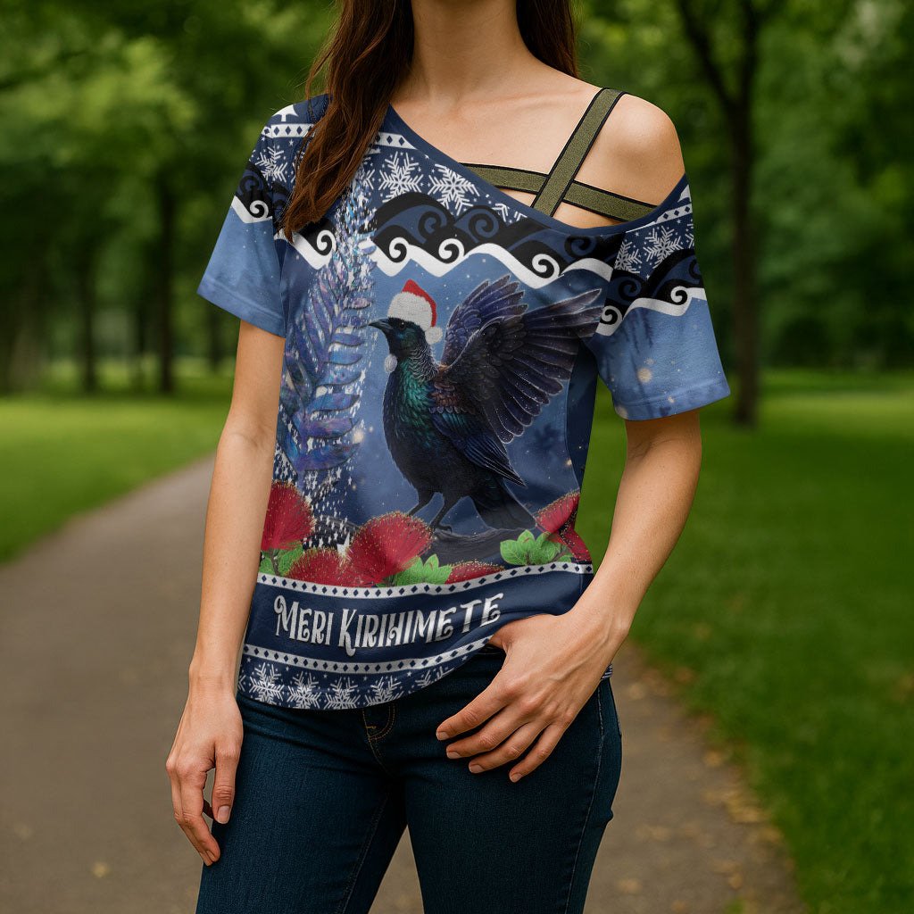 New Zealand Tui Bird Christmas Cross Shoulder Shirt Pohutukawa Xmas Tree Meri Kirihimete LT22 - Polynesian Pride