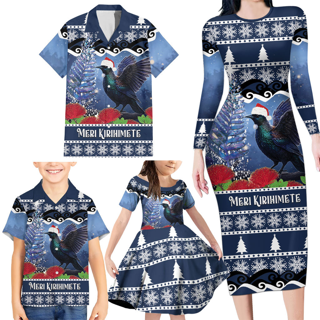 New Zealand Tui Bird Christmas Family Matching Long Sleeve Bodycon Dress and Hawaiian Shirt Pohutukawa Xmas Tree Meri Kirihimete LT22 - Polynesian Pride