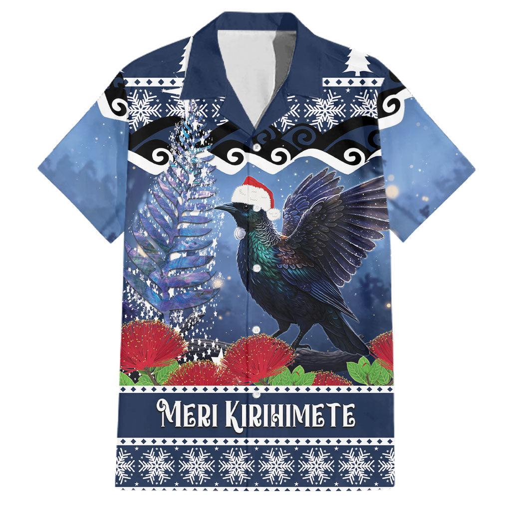 New Zealand Tui Bird Christmas Family Matching Long Sleeve Bodycon Dress and Hawaiian Shirt Pohutukawa Xmas Tree Meri Kirihimete LT22 Dad's Shirt - Short Sleeve Blue - Polynesian Pride