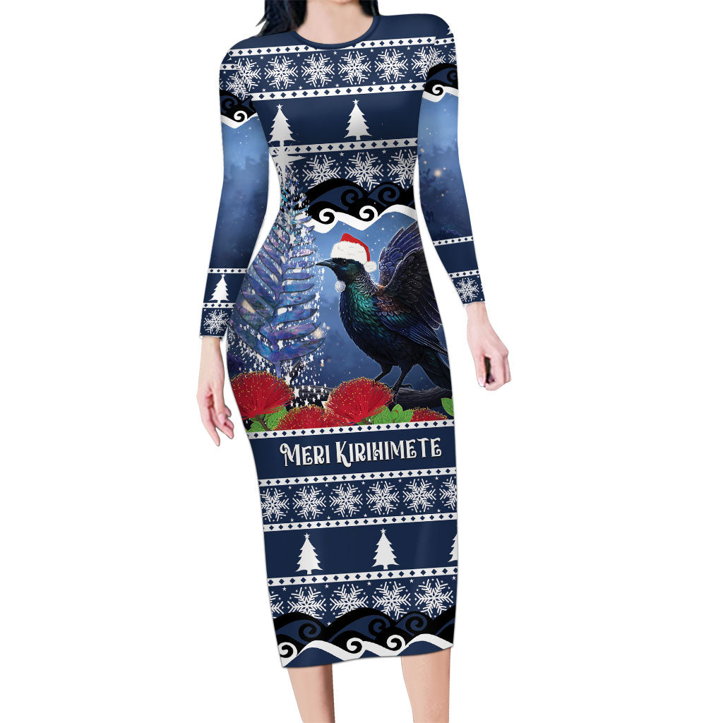 New Zealand Tui Bird Christmas Family Matching Long Sleeve Bodycon Dress and Hawaiian Shirt Pohutukawa Xmas Tree Meri Kirihimete LT22 Mom's Dress Blue - Polynesian Pride