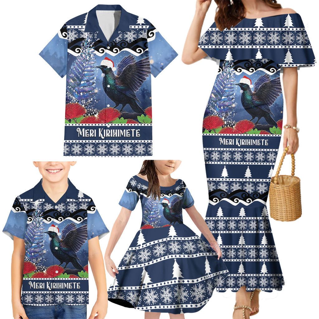 New Zealand Tui Bird Christmas Family Matching Mermaid Dress and Hawaiian Shirt Pohutukawa Xmas Tree Meri Kirihimete LT22 - Polynesian Pride