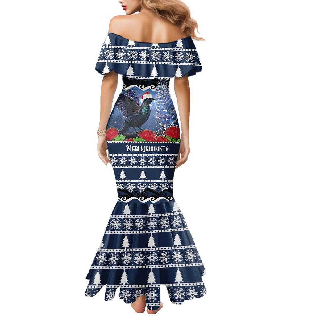 New Zealand Tui Bird Christmas Family Matching Mermaid Dress and Hawaiian Shirt Pohutukawa Xmas Tree Meri Kirihimete LT22 - Polynesian Pride