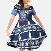 New Zealand Tui Bird Christmas Family Matching Off The Shoulder Long Sleeve Dress and Hawaiian Shirt Pohutukawa Xmas Tree Meri Kirihimete LT22 Daughter's Dress Blue - Polynesian Pride