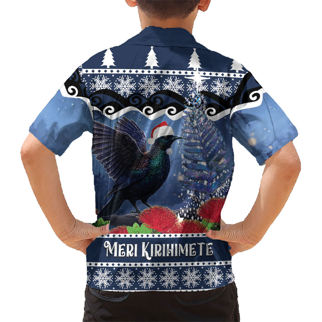 New Zealand Tui Bird Christmas Family Matching Off Shoulder Maxi Dress and Hawaiian Shirt Pohutukawa Xmas Tree Meri Kirihimete LT22 - Polynesian Pride