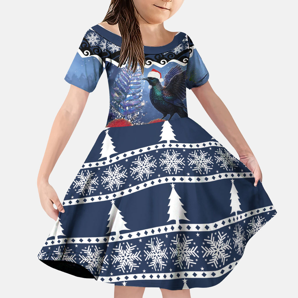 New Zealand Tui Bird Christmas Family Matching Off Shoulder Maxi Dress and Hawaiian Shirt Pohutukawa Xmas Tree Meri Kirihimete LT22 Daughter's Dress Blue - Polynesian Pride