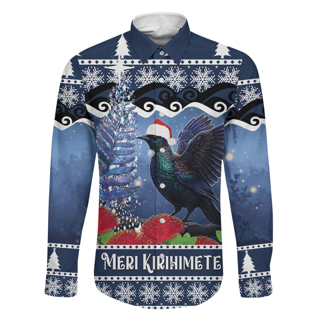 New Zealand Tui Bird Christmas Family Matching Off Shoulder Maxi Dress and Hawaiian Shirt Pohutukawa Xmas Tree Meri Kirihimete LT22 Dad's Shirt - Long Sleeve Blue - Polynesian Pride