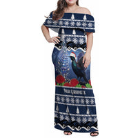 New Zealand Tui Bird Christmas Family Matching Off Shoulder Maxi Dress and Hawaiian Shirt Pohutukawa Xmas Tree Meri Kirihimete LT22 Mom's Dress Blue - Polynesian Pride
