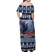 New Zealand Tui Bird Christmas Family Matching Off Shoulder Maxi Dress and Hawaiian Shirt Pohutukawa Xmas Tree Meri Kirihimete LT22 - Polynesian Pride