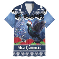 New Zealand Tui Bird Christmas Family Matching Puletasi and Hawaiian Shirt Pohutukawa Xmas Tree Meri Kirihimete LT22 Dad's Shirt - Short Sleeve Blue - Polynesian Pride