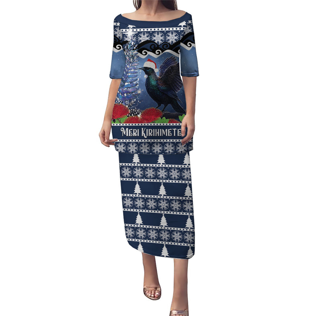 New Zealand Tui Bird Christmas Family Matching Puletasi and Hawaiian Shirt Pohutukawa Xmas Tree Meri Kirihimete LT22 Mom's Dress Blue - Polynesian Pride