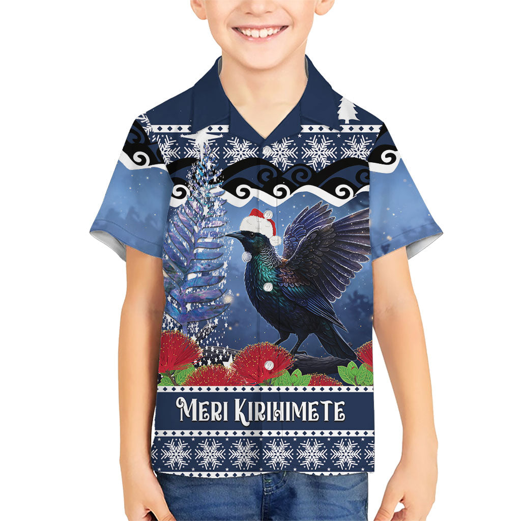 New Zealand Tui Bird Christmas Family Matching Puletasi and Hawaiian Shirt Pohutukawa Xmas Tree Meri Kirihimete LT22 Son's Shirt Blue - Polynesian Pride