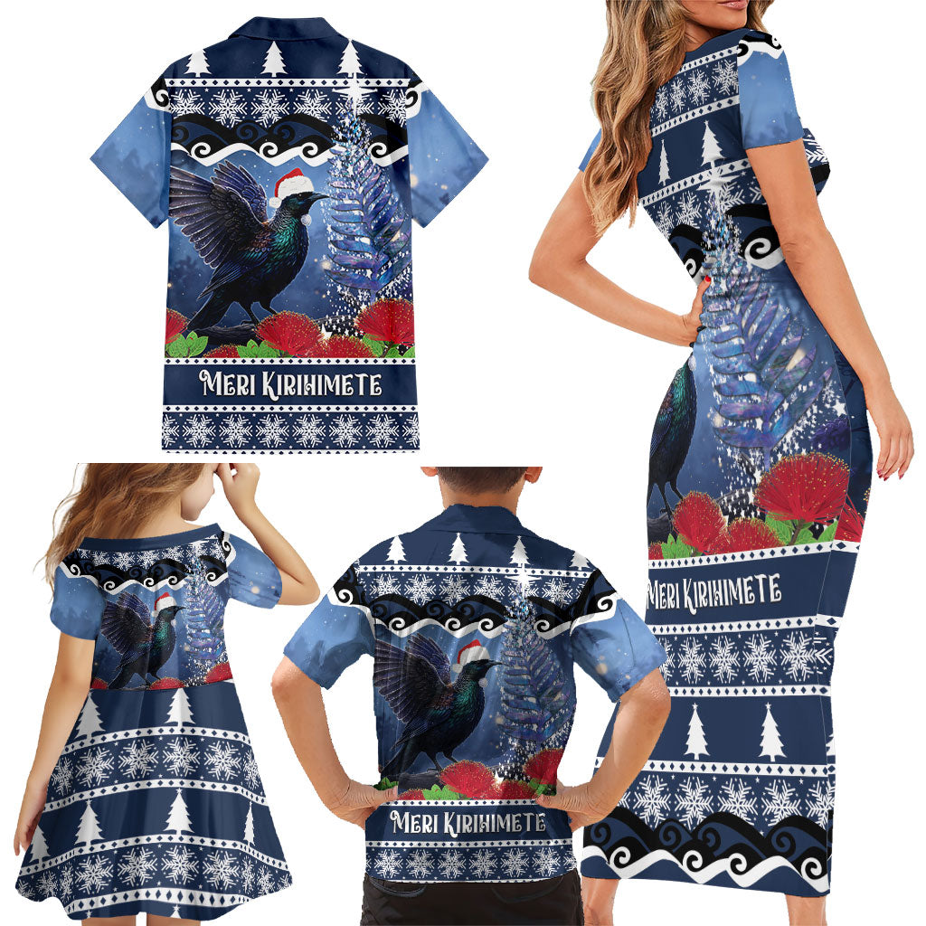 New Zealand Tui Bird Christmas Family Matching Short Sleeve Bodycon Dress and Hawaiian Shirt Pohutukawa Xmas Tree Meri Kirihimete LT22 - Polynesian Pride