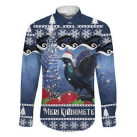New Zealand Tui Bird Christmas Family Matching Summer Maxi Dress and Hawaiian Shirt Pohutukawa Xmas Tree Meri Kirihimete LT22 Dad's Shirt - Long Sleeve Blue - Polynesian Pride