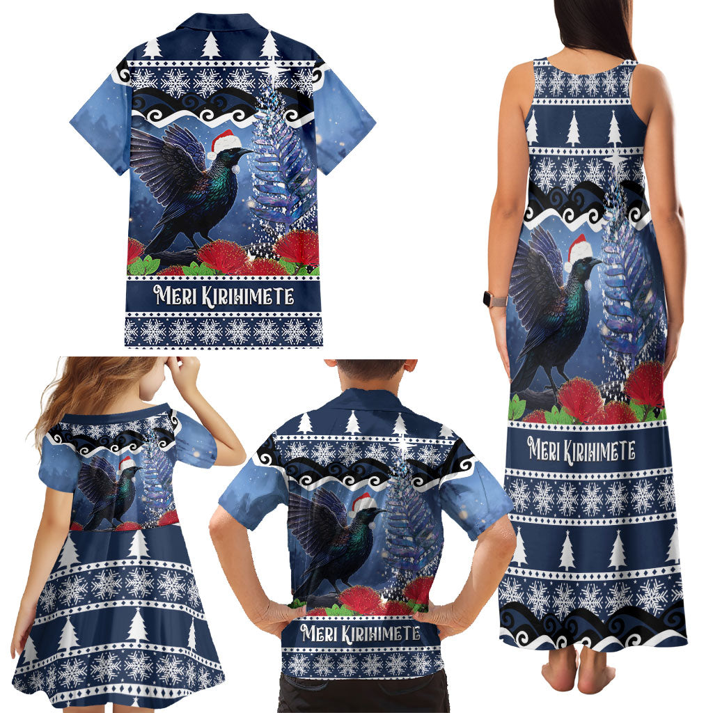 New Zealand Tui Bird Christmas Family Matching Tank Maxi Dress and Hawaiian Shirt Pohutukawa Xmas Tree Meri Kirihimete LT22 - Polynesian Pride