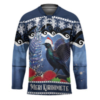 New Zealand Tui Bird Christmas Hockey Jersey Pohutukawa Xmas Tree Meri Kirihimete LT22 Unisex Blue - Polynesian Pride