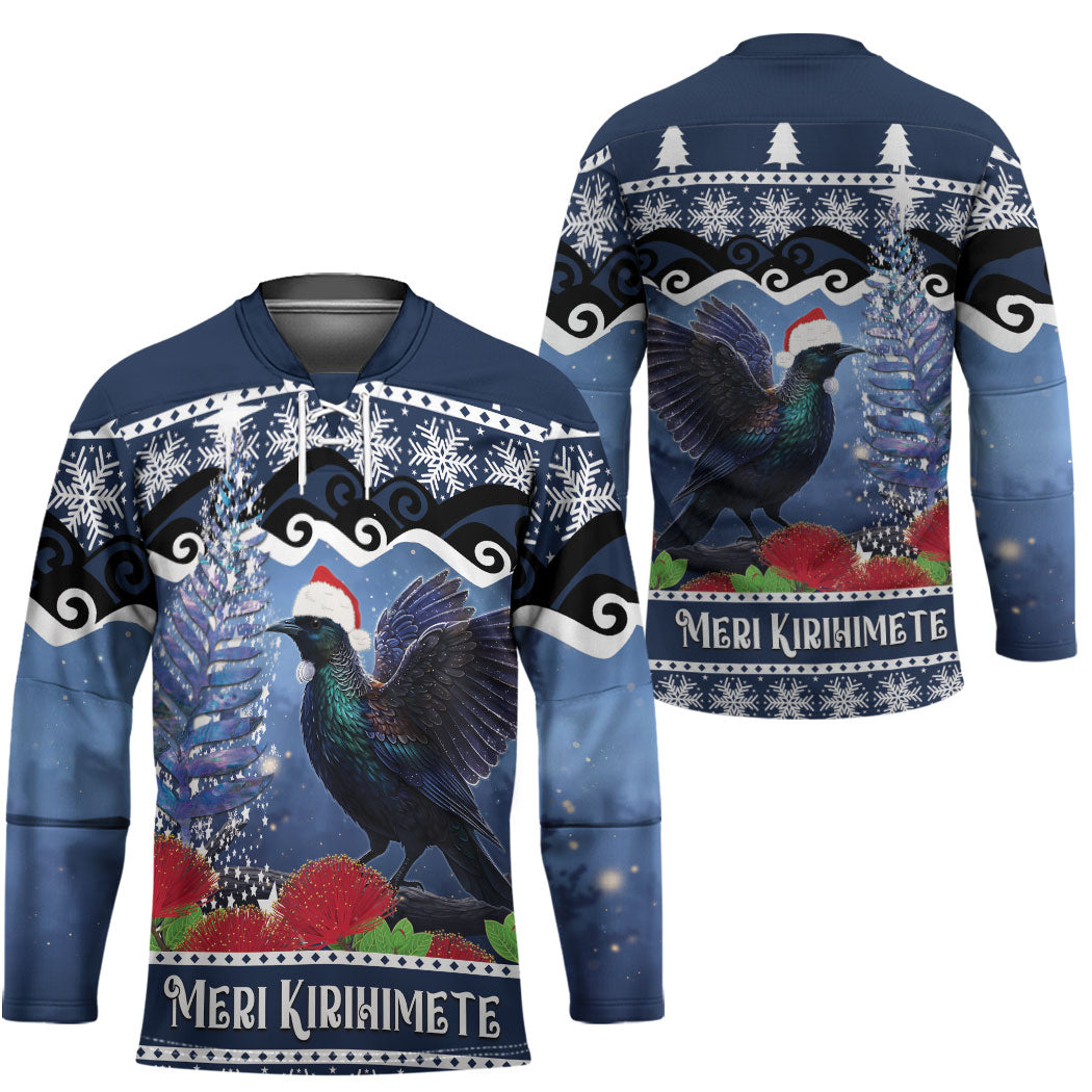 New Zealand Tui Bird Christmas Hockey Jersey Pohutukawa Xmas Tree Meri Kirihimete LT22 - Polynesian Pride