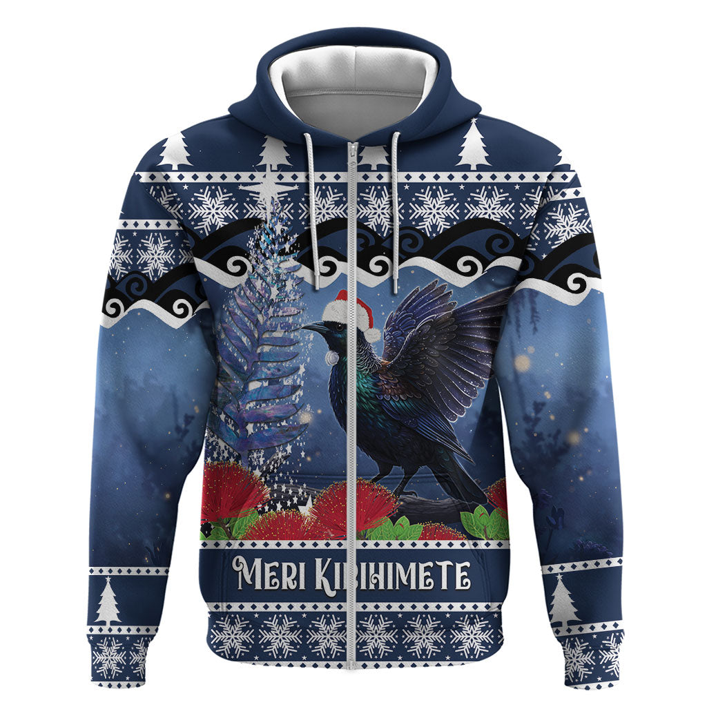 New Zealand Tui Bird Christmas Hoodie Pohutukawa Xmas Tree Meri Kirihimete LT22 Zip Hoodie Blue - Polynesian Pride