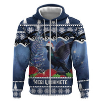 New Zealand Tui Bird Christmas Hoodie Pohutukawa Xmas Tree Meri Kirihimete LT22 Zip Hoodie Blue - Polynesian Pride