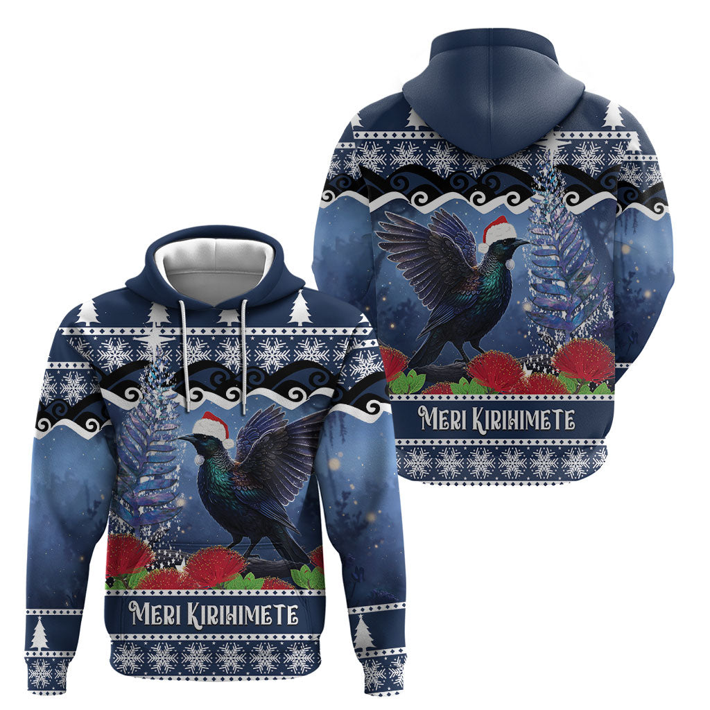 New Zealand Tui Bird Christmas Hoodie Pohutukawa Xmas Tree Meri Kirihimete LT22 - Polynesian Pride