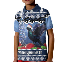 New Zealand Tui Bird Christmas Kid Polo Shirt Pohutukawa Xmas Tree Meri Kirihimete LT22 Kid Blue - Polynesian Pride