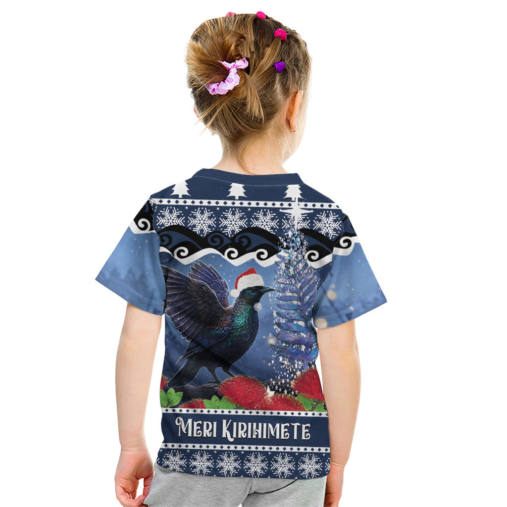 New Zealand Tui Bird Christmas Kid T Shirt Pohutukawa Xmas Tree Meri Kirihimete LT22 - Polynesian Pride