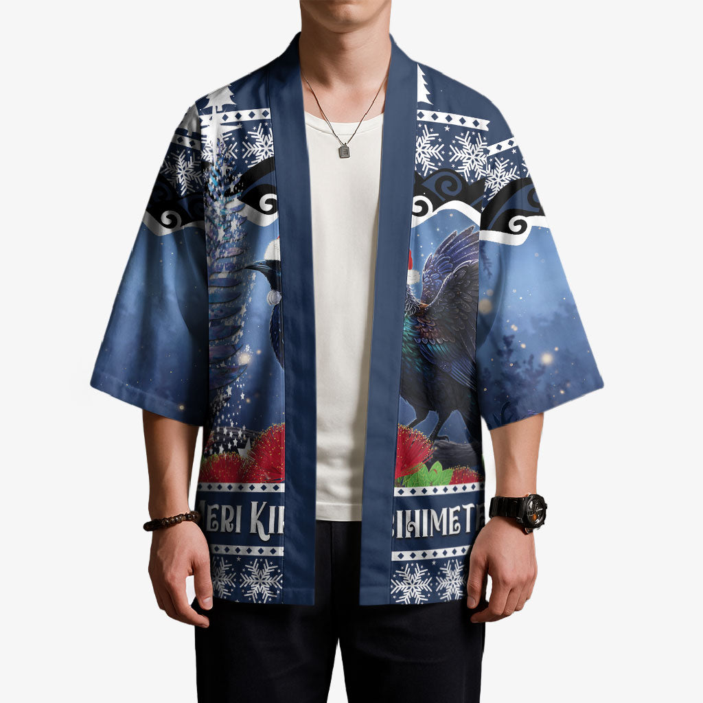 New Zealand Tui Bird Christmas Kimono Pohutukawa Xmas Tree Meri Kirihimete LT22 - Polynesian Pride