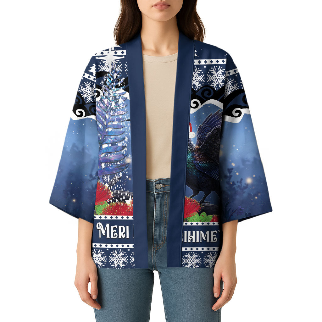 New Zealand Tui Bird Christmas Kimono Pohutukawa Xmas Tree Meri Kirihimete LT22 - Polynesian Pride