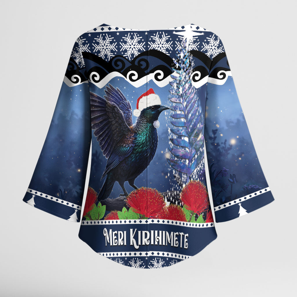 New Zealand Tui Bird Christmas Kimono Sleeve Blouse Pohutukawa Xmas Tree Meri Kirihimete LT22 - Polynesian Pride