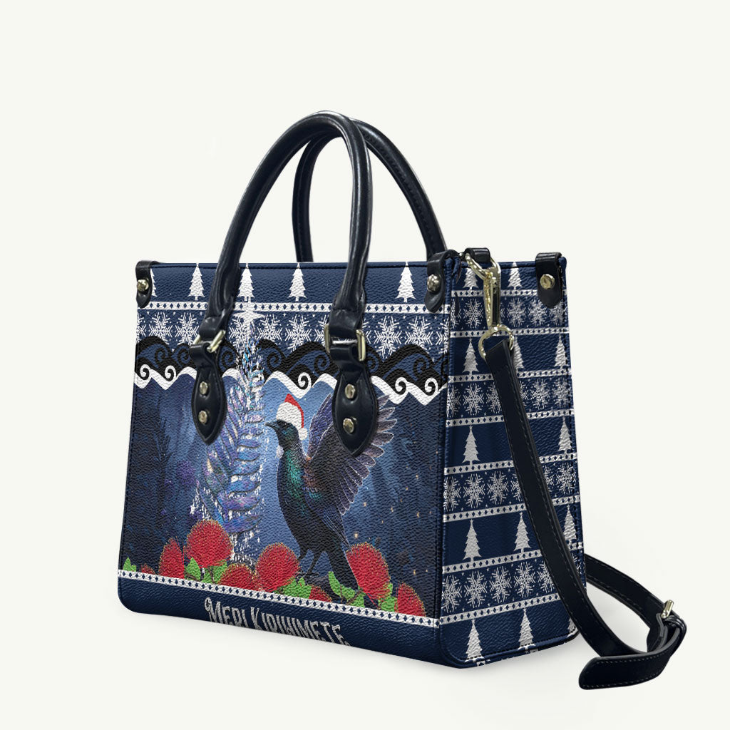 New Zealand Tui Bird Christmas Leather Bag Pohutukawa Xmas Tree Meri Kirihimete LT22 Blue - Polynesian Pride