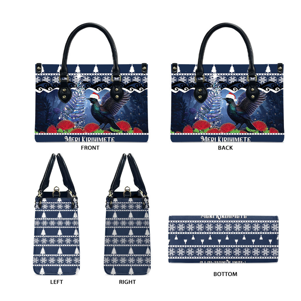 New Zealand Tui Bird Christmas Leather Bag Pohutukawa Xmas Tree Meri Kirihimete LT22 - Polynesian Pride