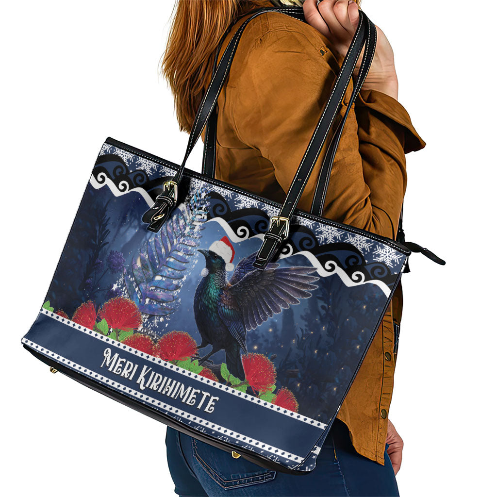 New Zealand Tui Bird Christmas Leather Tote Bag Pohutukawa Xmas Tree Meri Kirihimete LT22 - Polynesian Pride
