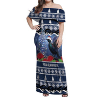 New Zealand Tui Bird Christmas Off Shoulder Maxi Dress Pohutukawa Xmas Tree Meri Kirihimete LT22 Women Blue - Polynesian Pride