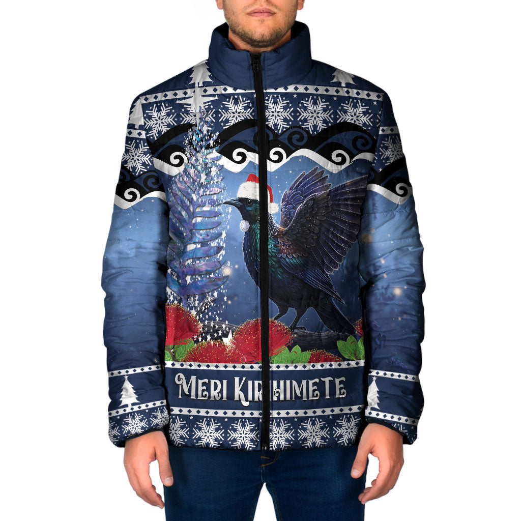 New Zealand Tui Bird Christmas Padded Jacket Pohutukawa Xmas Tree Meri Kirihimete LT22 Men Blue - Polynesian Pride