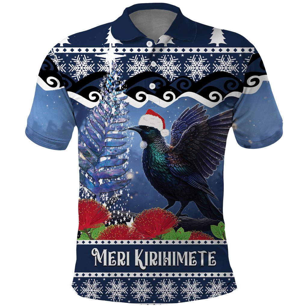 New Zealand Tui Bird Christmas Polo Shirt Pohutukawa Xmas Tree Meri Kirihimete LT22 Blue - Polynesian Pride