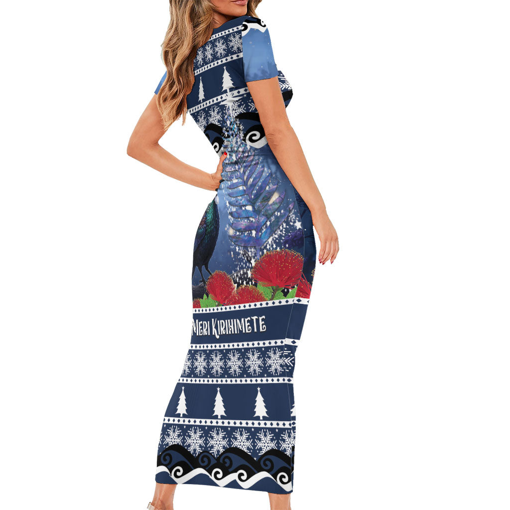 New Zealand Tui Bird Christmas Short Sleeve Bodycon Dress Pohutukawa Xmas Tree Meri Kirihimete LT22 - Polynesian Pride
