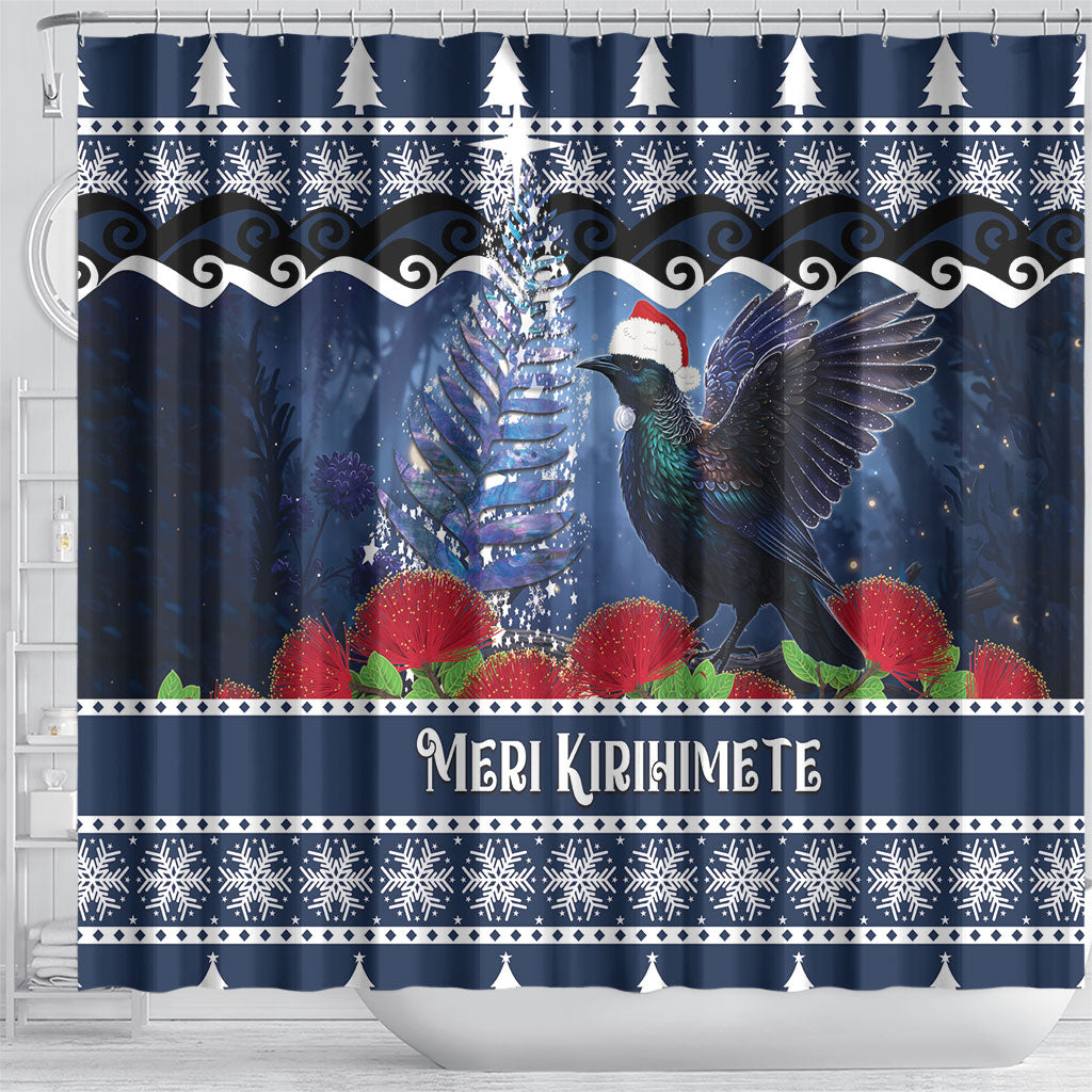 New Zealand Tui Bird Christmas Shower Curtain Pohutukawa Xmas Tree Meri Kirihimete LT22 - Polynesian Pride