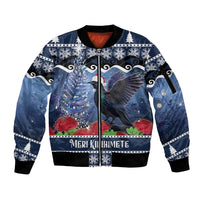 New Zealand Tui Bird Christmas Sleeve Zip Bomber Jacket Pohutukawa Xmas Tree Meri Kirihimete LT22 Unisex Blue - Polynesian Pride