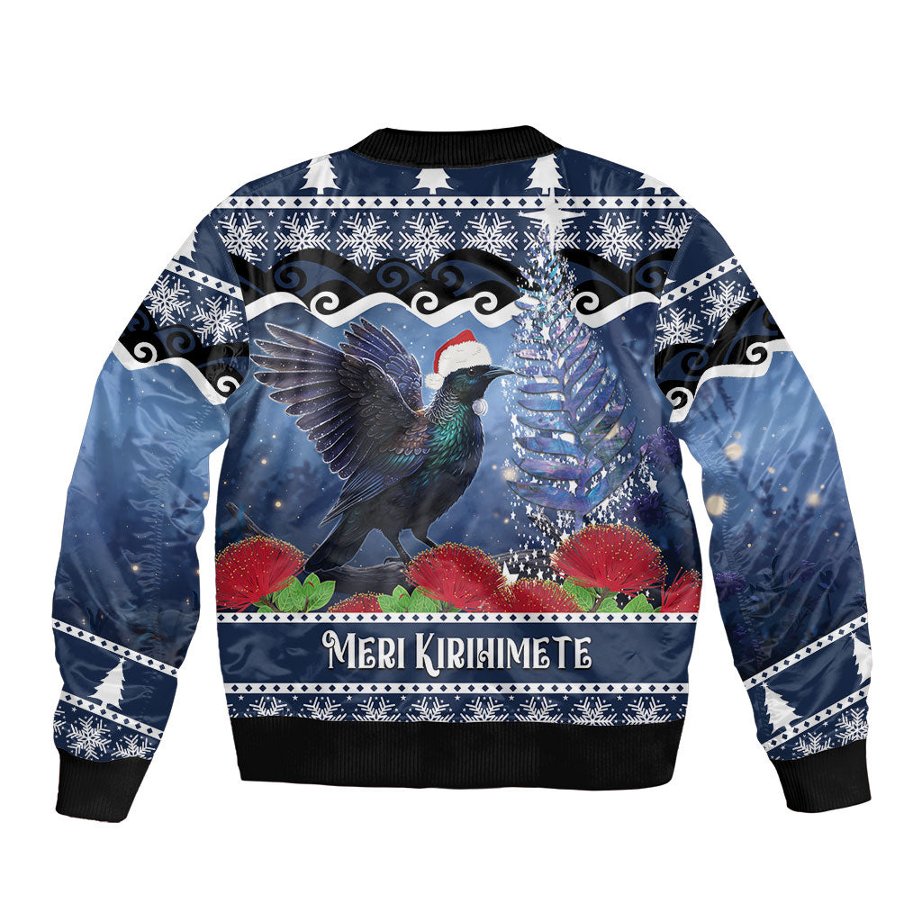 New Zealand Tui Bird Christmas Sleeve Zip Bomber Jacket Pohutukawa Xmas Tree Meri Kirihimete LT22 - Polynesian Pride