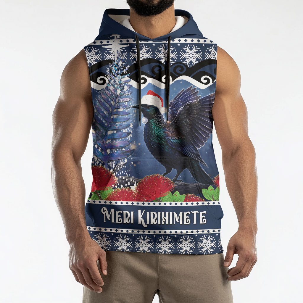 New Zealand Tui Bird Christmas Sleeveless Hoodie Pohutukawa Xmas Tree Meri Kirihimete LT22 - Polynesian Pride