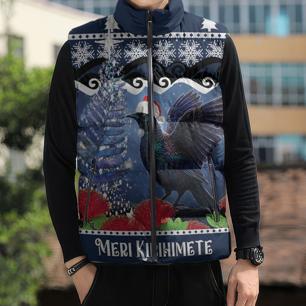 New Zealand Tui Bird Christmas Sleeveless Puffer Jacket Pohutukawa Xmas Tree Meri Kirihimete LT22 - Polynesian Pride