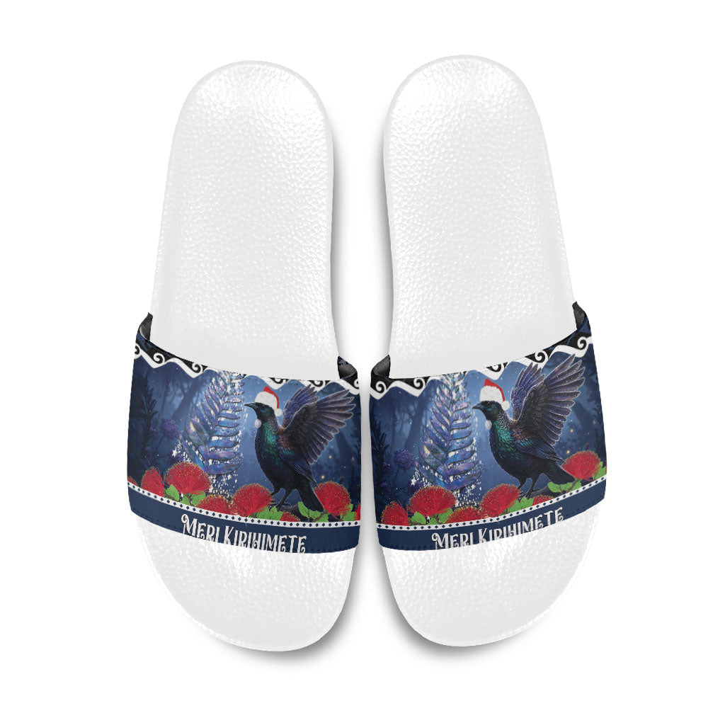 New Zealand Tui Bird Christmas Slide Sandals Pohutukawa Xmas Tree Meri Kirihimete LT22 Blue - Polynesian Pride