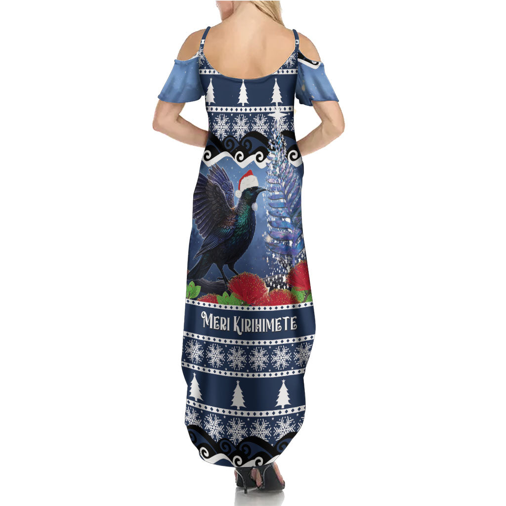 New Zealand Tui Bird Christmas Summer Maxi Dress Pohutukawa Xmas Tree Meri Kirihimete LT22 - Polynesian Pride