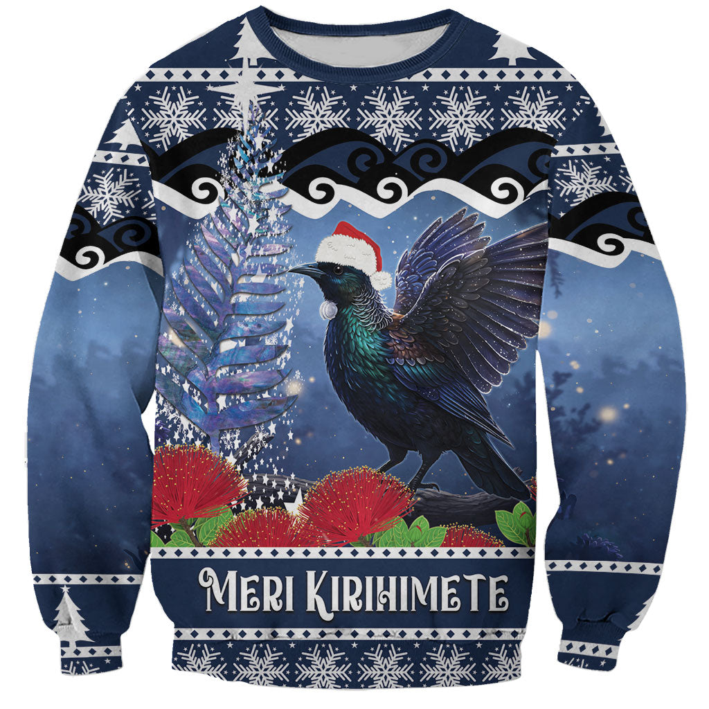 New Zealand Tui Bird Christmas Sweatshirt Pohutukawa Xmas Tree Meri Kirihimete LT22 Unisex Blue - Polynesian Pride