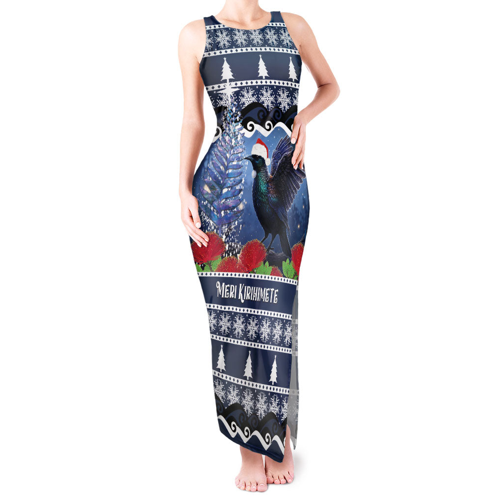 New Zealand Tui Bird Christmas Tank Maxi Dress Pohutukawa Xmas Tree Meri Kirihimete LT22 Women Blue - Polynesian Pride